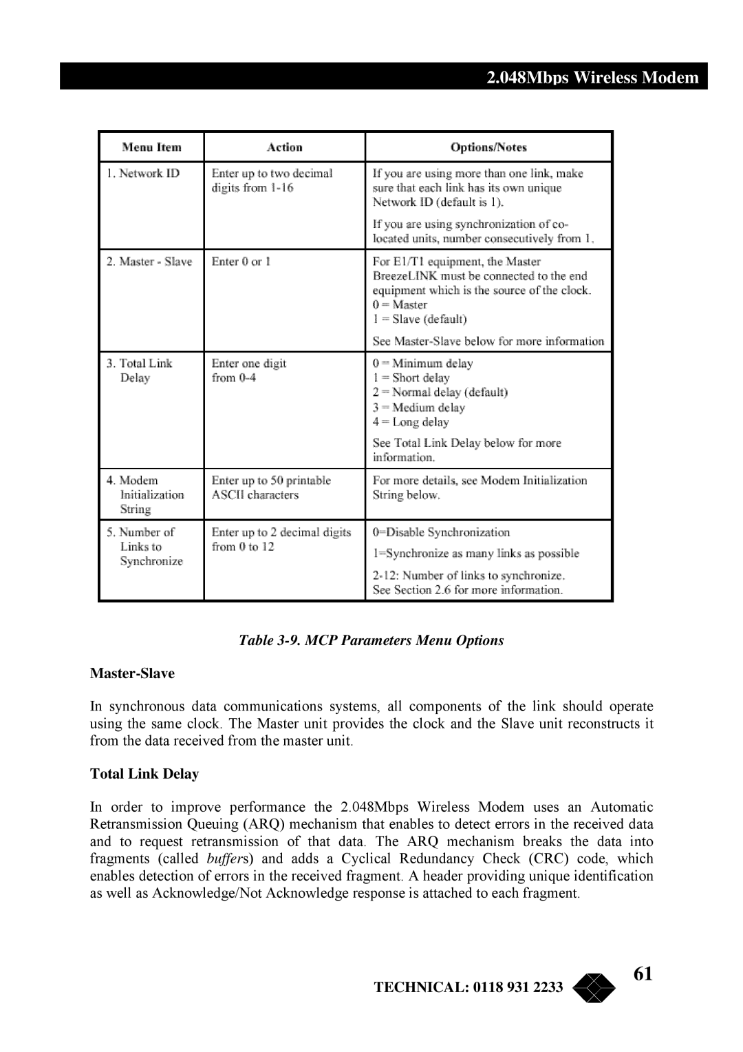 Black Box MWU2000-X21, MWU2000-G703, MWU2000-V35 manual MCP Parameters Menu Options, Master-Slave, Total Link Delay 