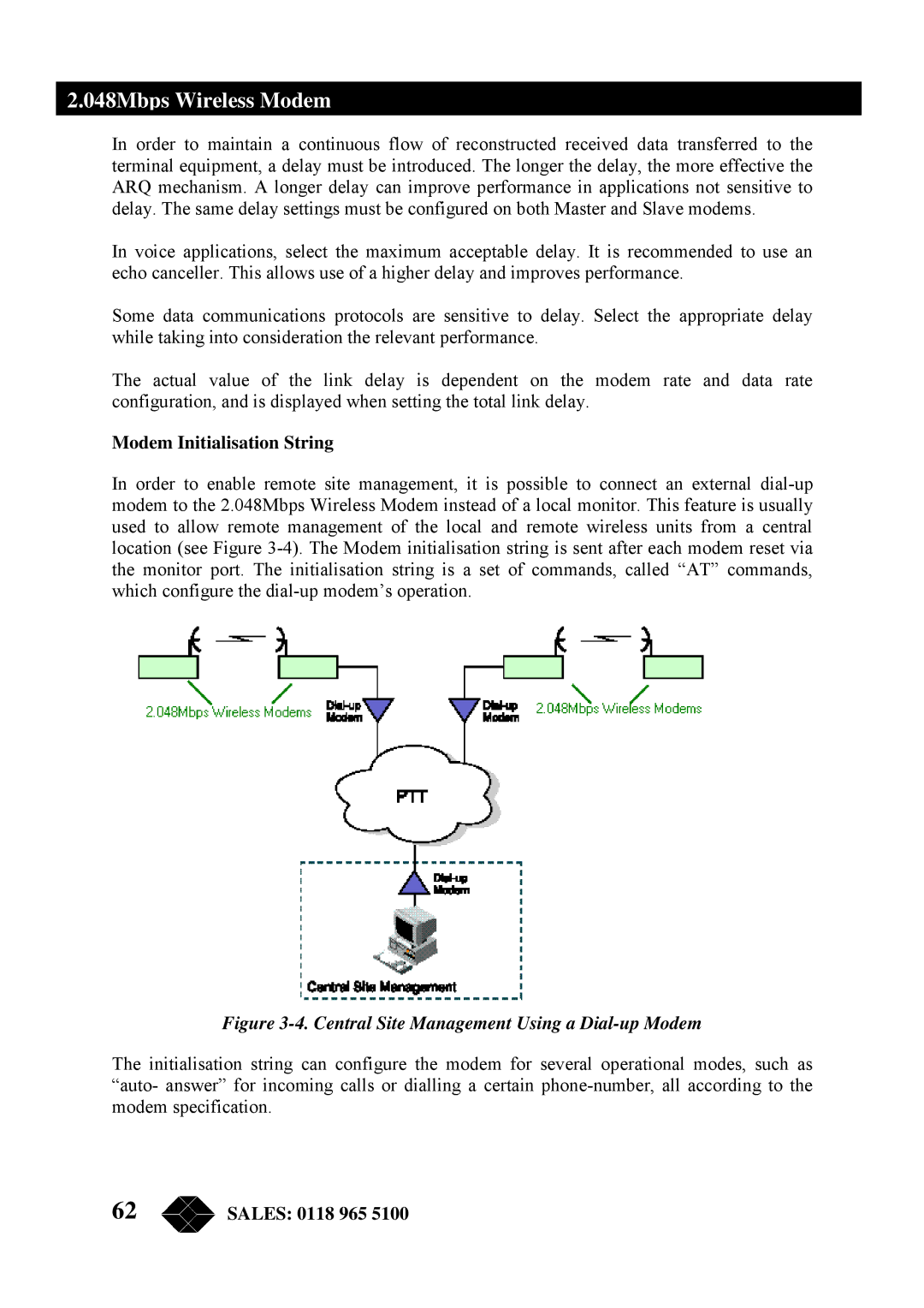 Black Box MWU2000-V35, MWU2000-G703, MWU2000-X21 Modem Initialisation String, Central Site Management Using a Dial-up Modem 