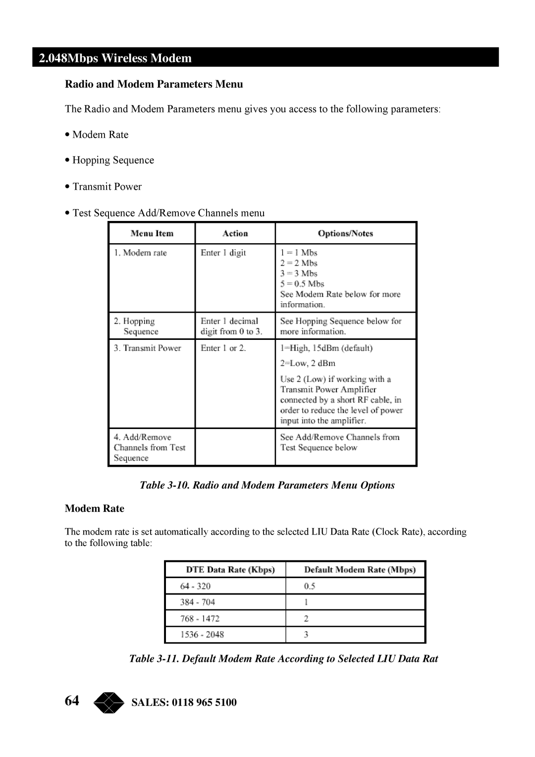 Black Box MWU2000-X21, MWU2000-G703, MWU2000-V35 manual Radio and Modem Parameters Menu Options, Modem Rate 