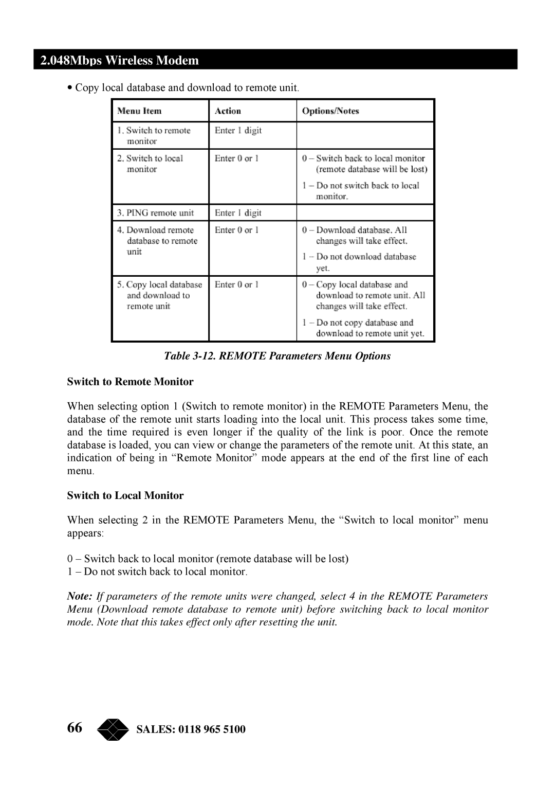 Black Box MWU2000-G703, MWU2000-X21 manual Remote Parameters Menu Options, Switch to Remote Monitor, Switch to Local Monitor 