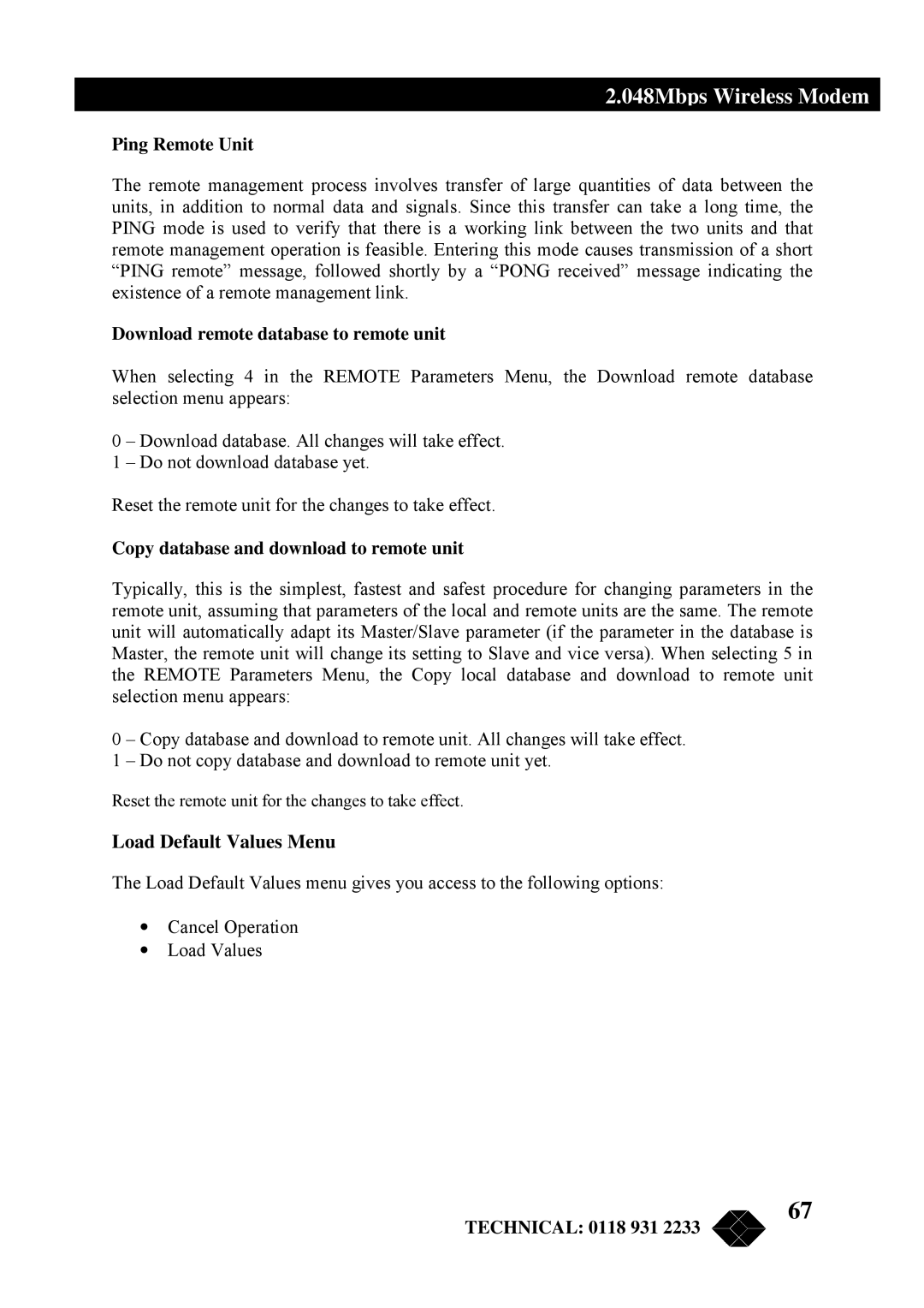 Black Box MWU2000-X21, MWU2000-G703 Load Default Values Menu, Ping Remote Unit, Download remote database to remote unit 