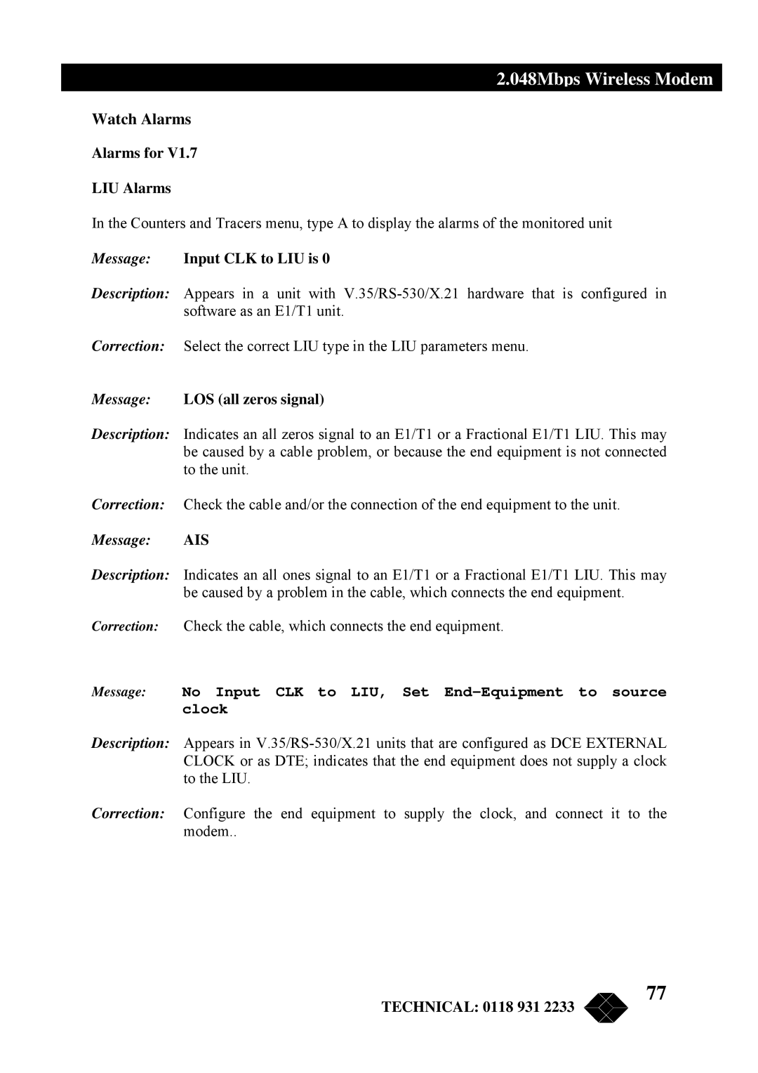 Black Box MWU2000-V35 Watch Alarms, Message, Description, Correction, Check the cable, which connects the end equipment 