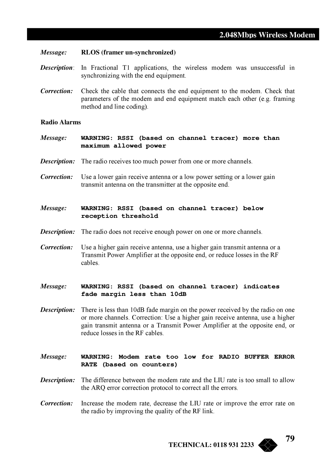 Black Box MWU2000-X21, MWU2000-G703, MWU2000-V35 manual Message Rlos framer un-synchronized, Radio Alarms 