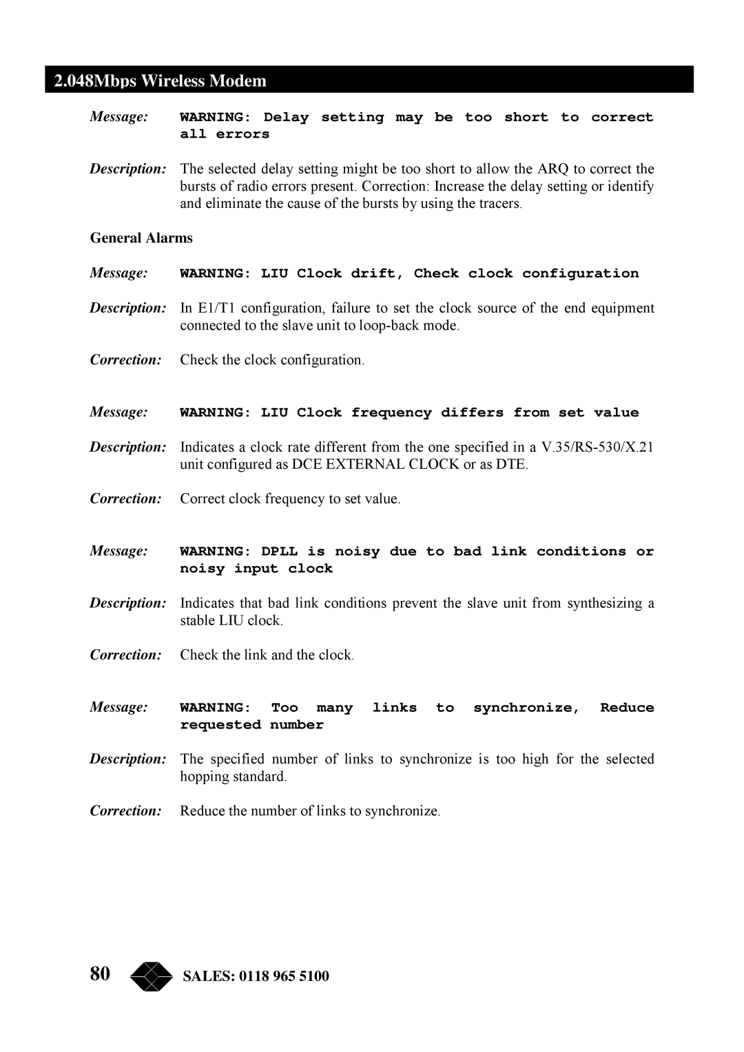 Black Box MWU2000-V35, MWU2000-G703, MWU2000-X21 General Alarms, Message Warning LIU Clock drift, Check clock configuration 