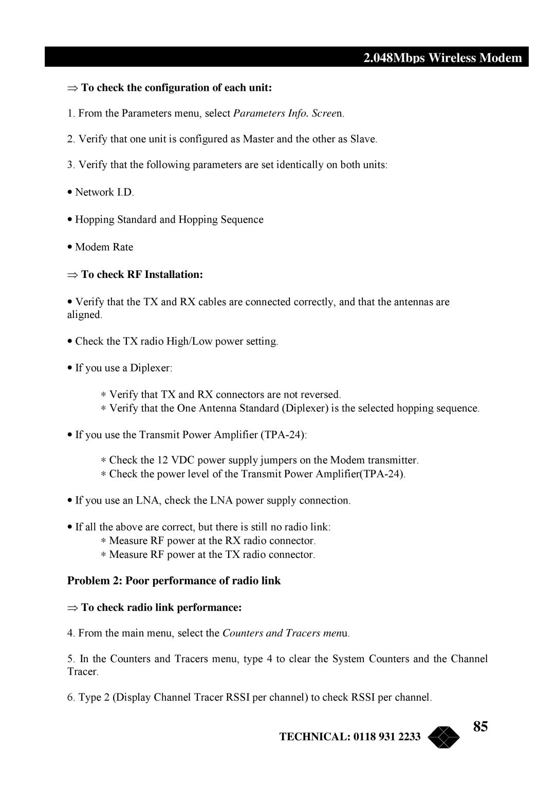 Black Box MWU2000-X21, MWU2000-G703 Problem 2 Poor performance of radio link, ⇒ To check the configuration of each unit 