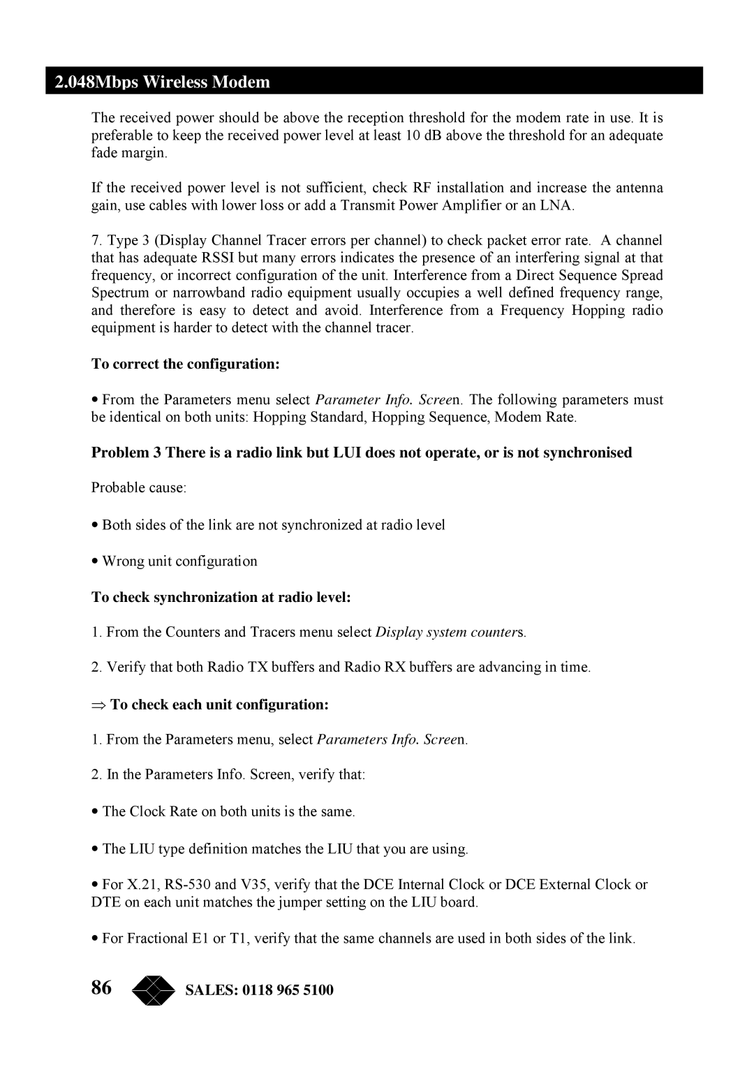 Black Box MWU2000-V35, MWU2000-G703, MWU2000-X21 manual To correct the configuration, To check synchronization at radio level 