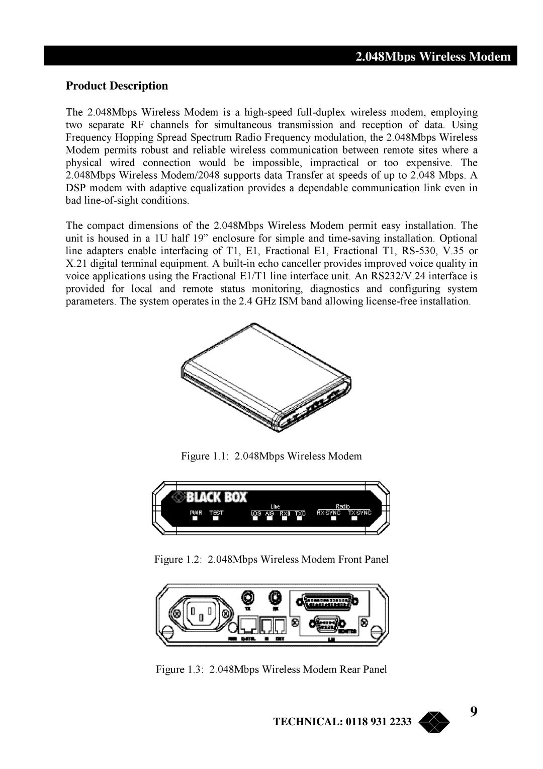 Black Box MWU2000-G703, MWU2000-X21, MWU2000-V35 manual Product Description, 2.048Mbps Wireless Modem 