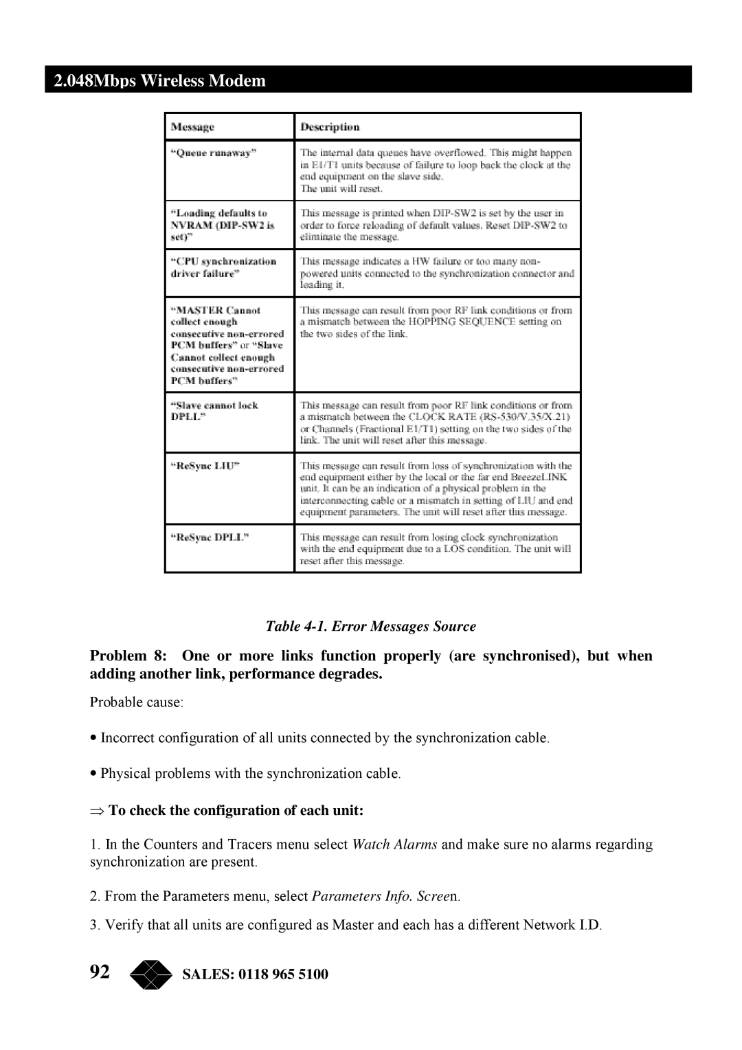 Black Box MWU2000-V35, MWU2000-G703, MWU2000-X21 manual Error Messages Source, ⇒ To check the configuration of each unit 