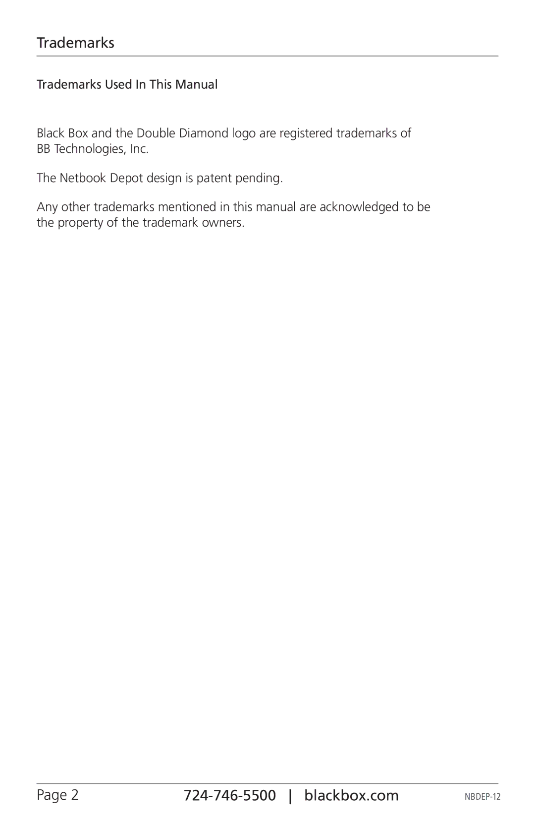 Black Box NBDEPC-12, NBDEP-12, Netbook Depot, 12-unit manual Trademarks, Blackbox.com 