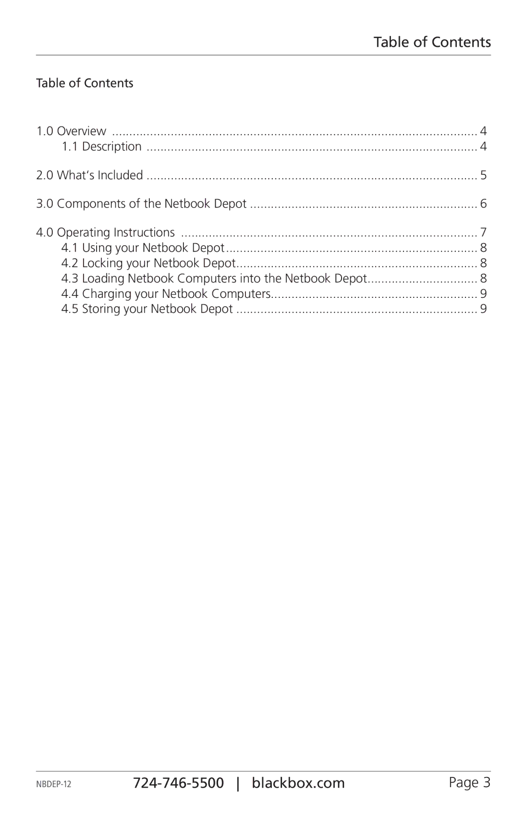 Black Box NBDEP-12, Netbook Depot, 12-unit, NBDEPC-12 manual Table of Contents 