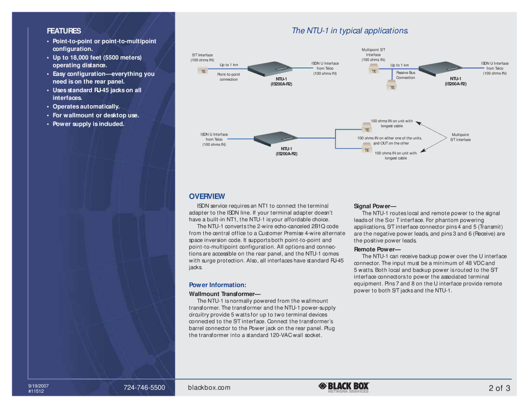 Black Box NTU-1 manual Overview, Power Information 