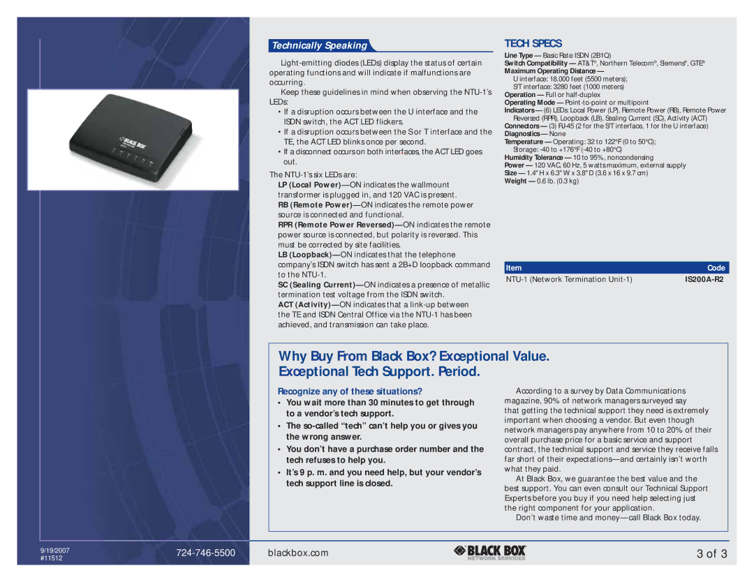 Black Box NTU-1 manual Tech Specs, Recognize any of these situations? 