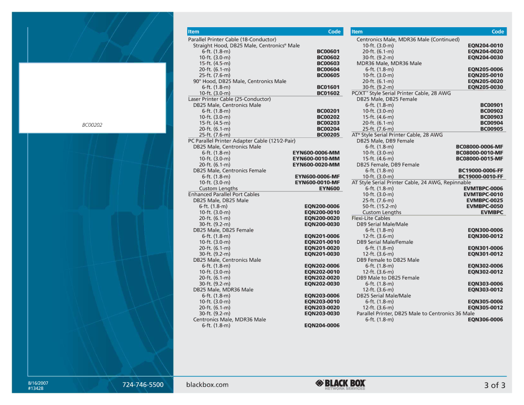 Black Box PC to Printer Cable manual ItemCode 