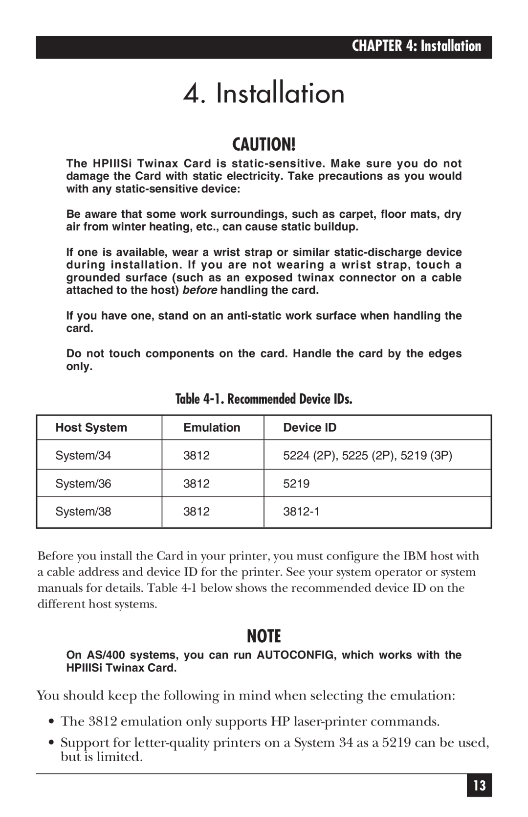 Black Box PC118C-R2 manual Installation, Host System Emulation Device ID 