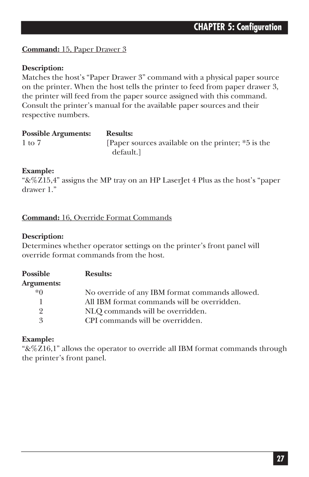 Black Box PC118C-R2 manual Command 15, Paper Drawer 