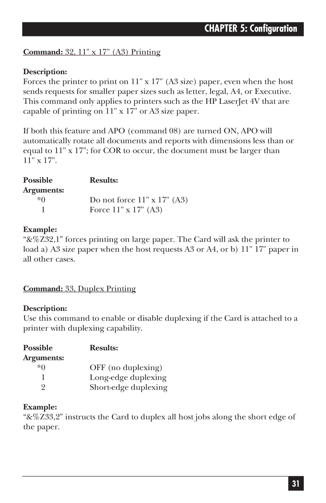 Black Box PC118C-R2 manual Possible Results Arguments OFF no duplexing 