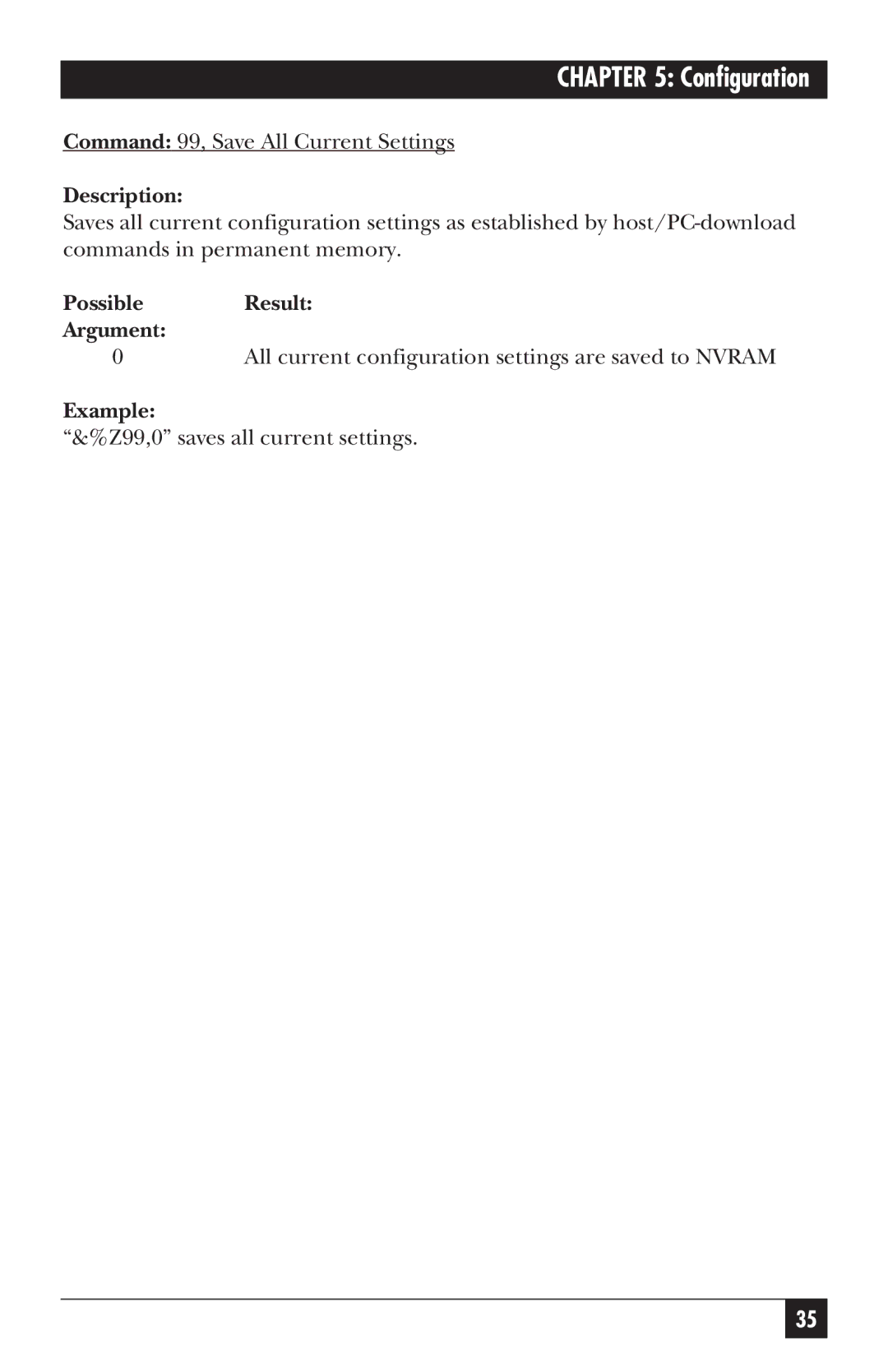 Black Box PC118C-R2 manual Command 99, Save All Current Settings 