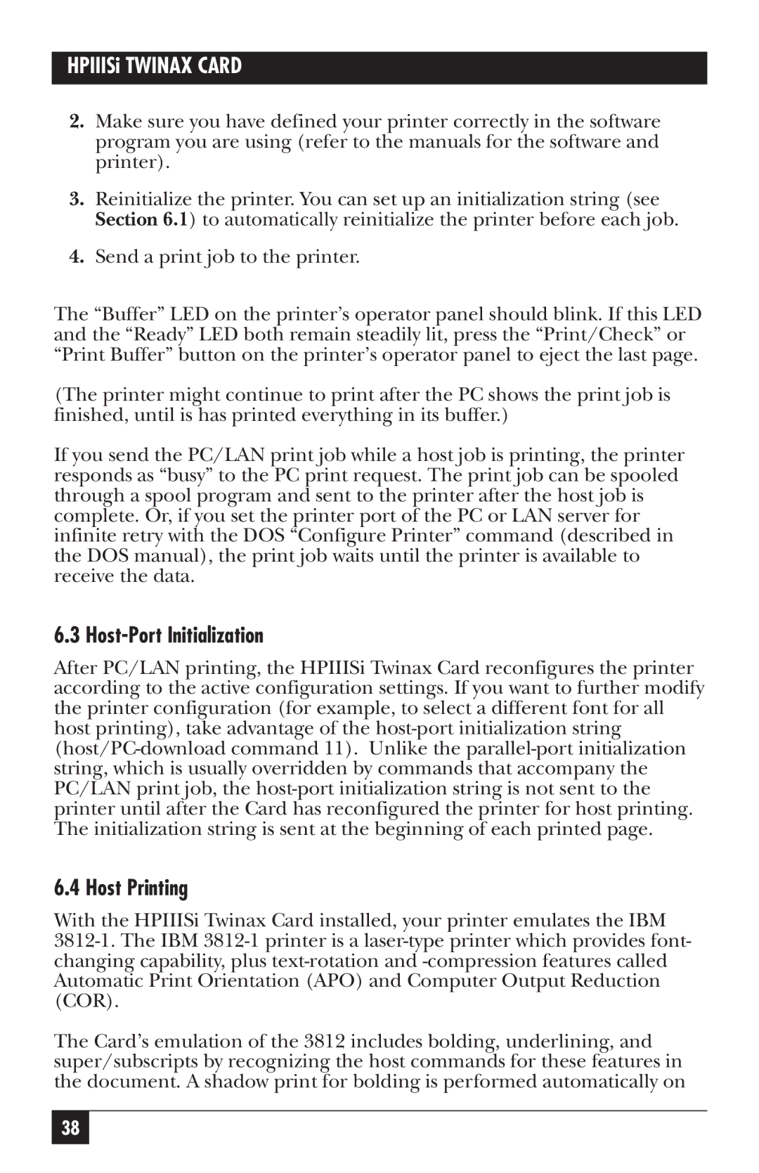 Black Box PC118C-R2 manual Host-Port Initialization, Host Printing 