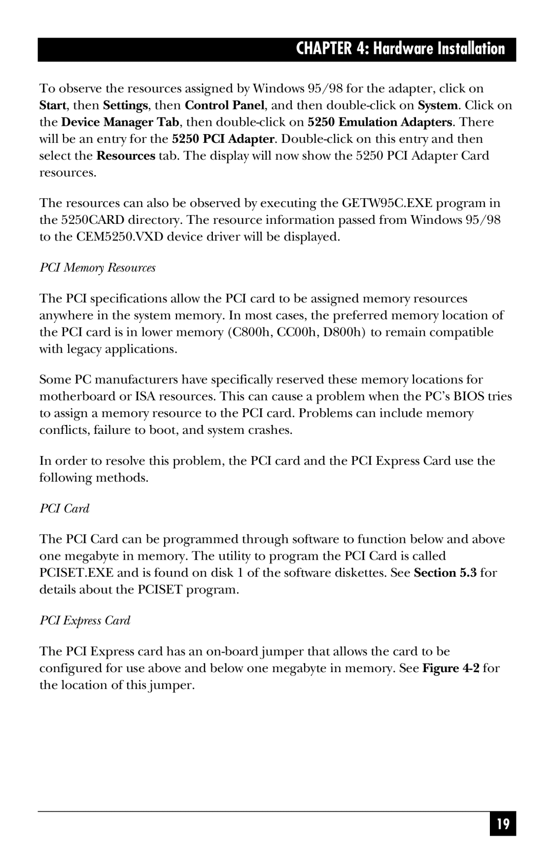 Black Box PC478C, PC472C, PC470C, PC473C, PC471C manual PCI Memory Resources, PCI Card, PCI Express Card 