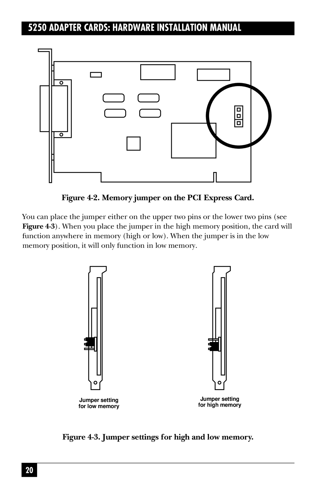 Black Box PC473C, PC472C, PC470C, PC478C, PC471C manual Memory jumper on the PCI Express Card 