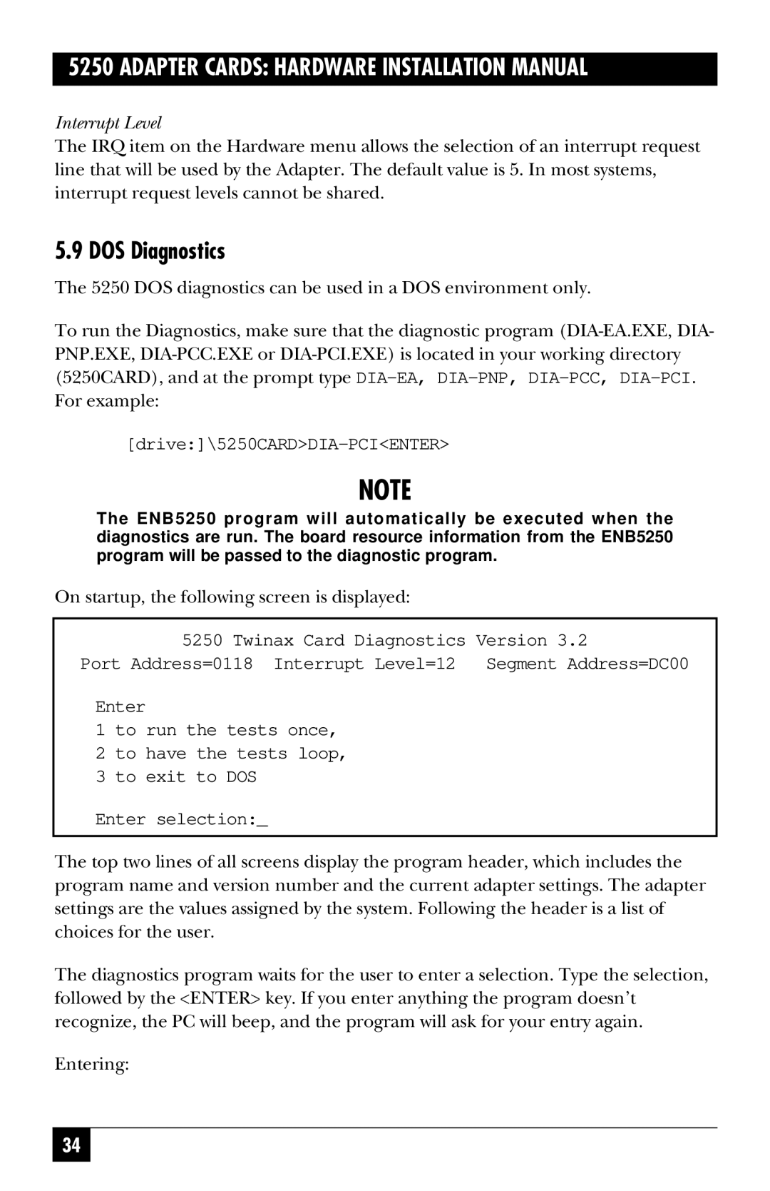 Black Box PC478C, PC472C, PC470C, PC473C, PC471C manual DOS Diagnostics, Interrupt Level 