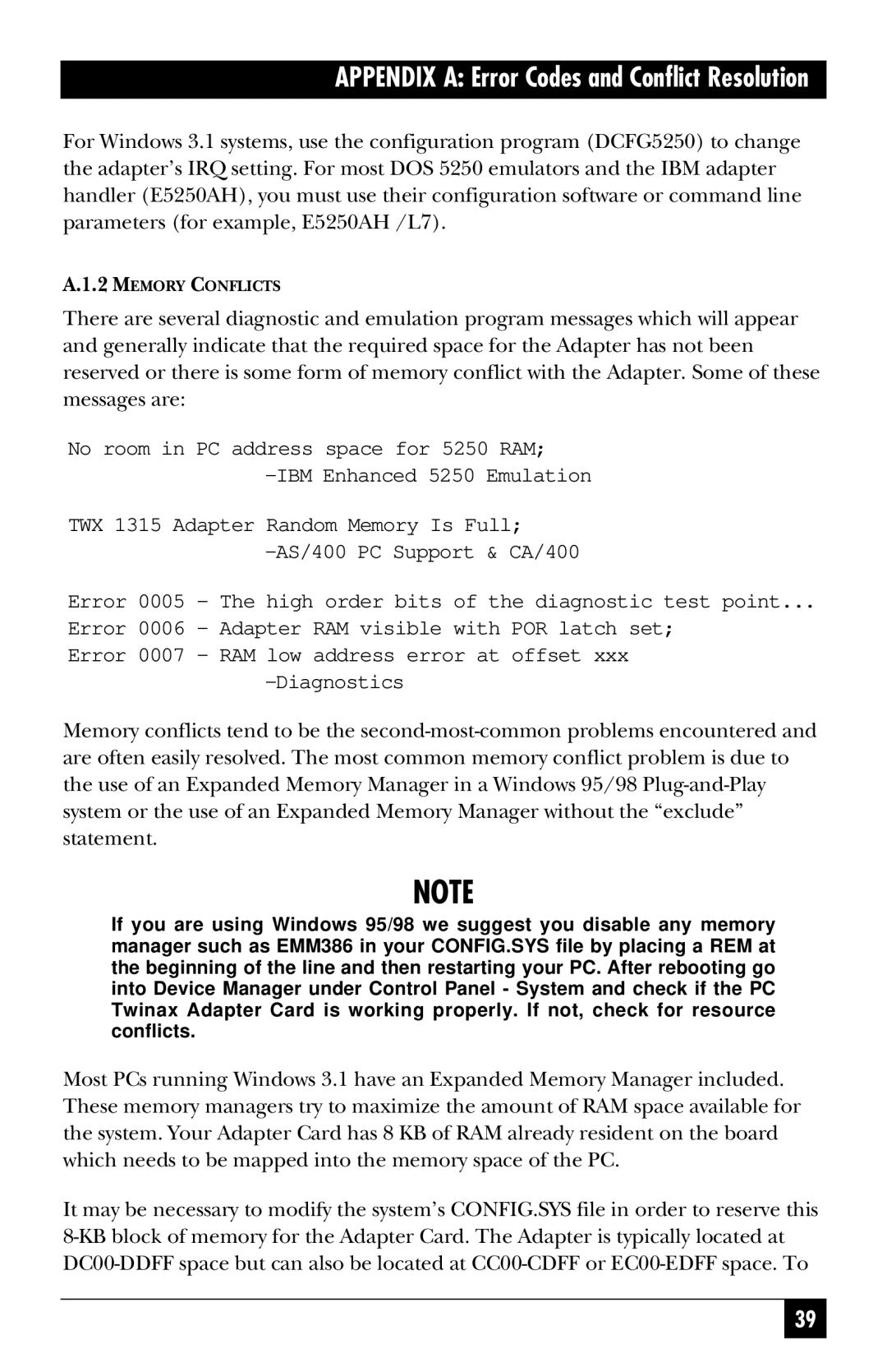 Black Box PC478C, PC472C, PC470C, PC473C, PC471C manual Appendix a Error Codes and Conflict Resolution 