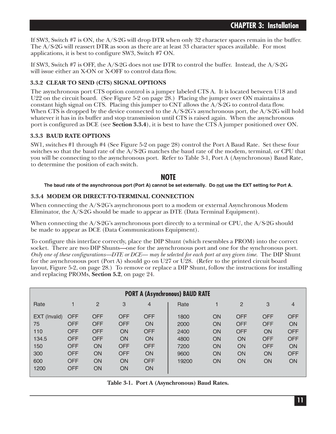 Black Box PCW22A-R4, PCW22A-R3 Clear to Send CTS Signal Options, Baud Rate Options, Modem or DIRECT-TO-TERMINAL Connection 