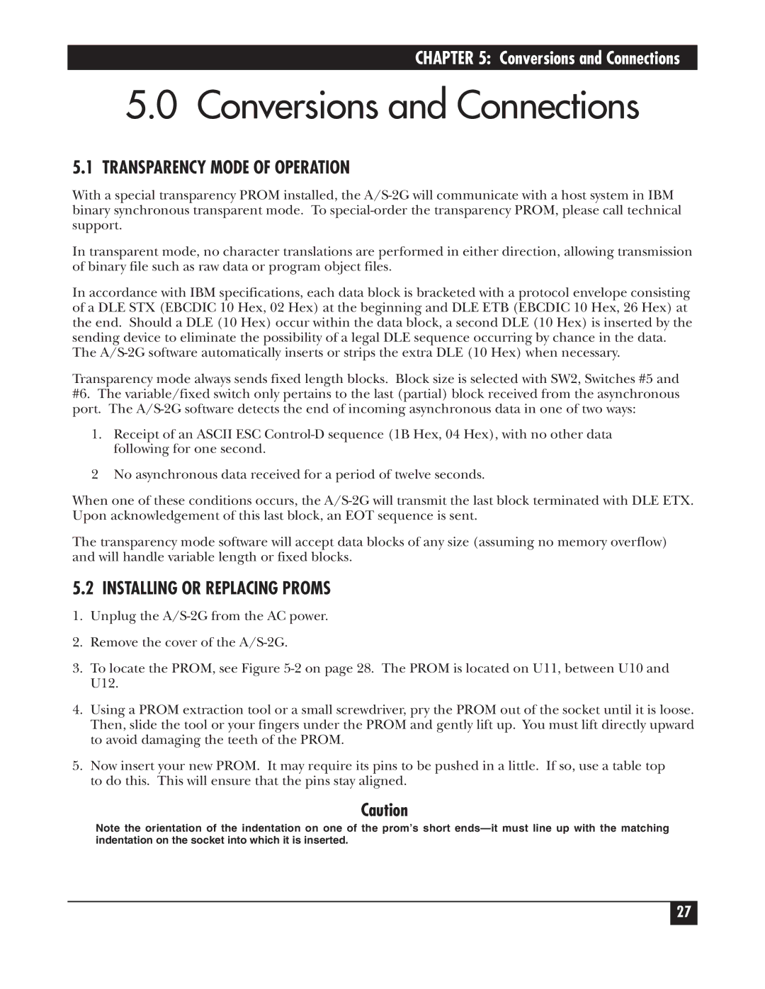 Black Box PCW22A-R4, PCW22A-R3 Conversions and Connections, Transparency Mode of Operation, Installing or Replacing Proms 