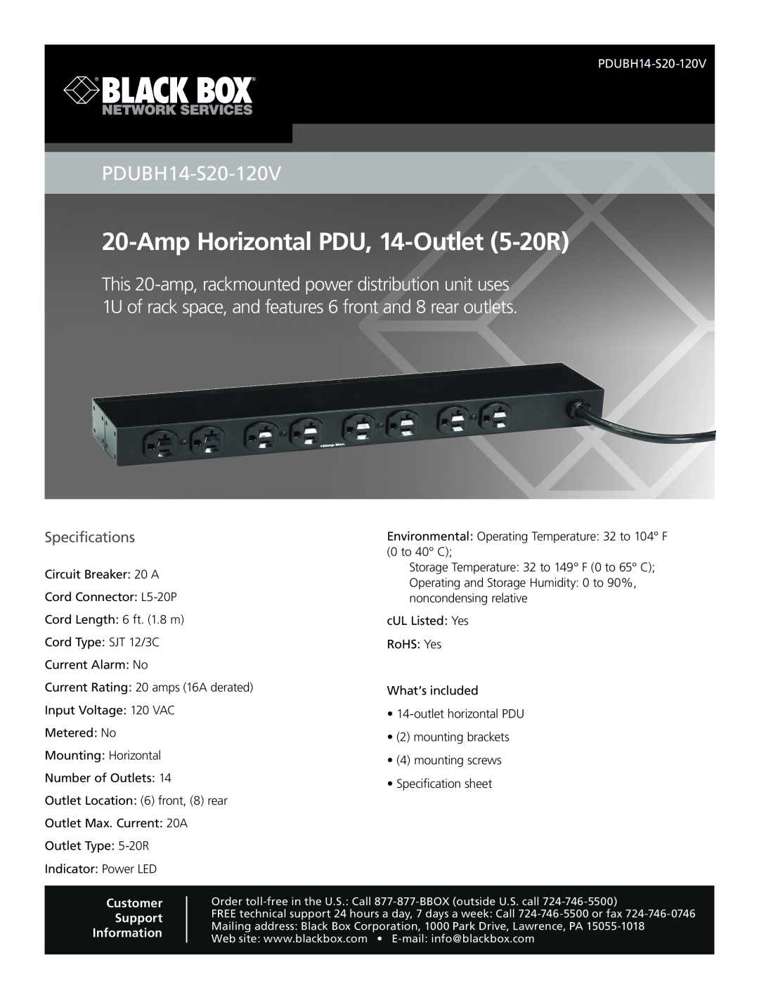 Black Box 20-Amp Horizontal PDU, 14 Outlet (5-20R) specifications Specifications, AmpHorizontal PDU, 14-Outlet 5-20R 