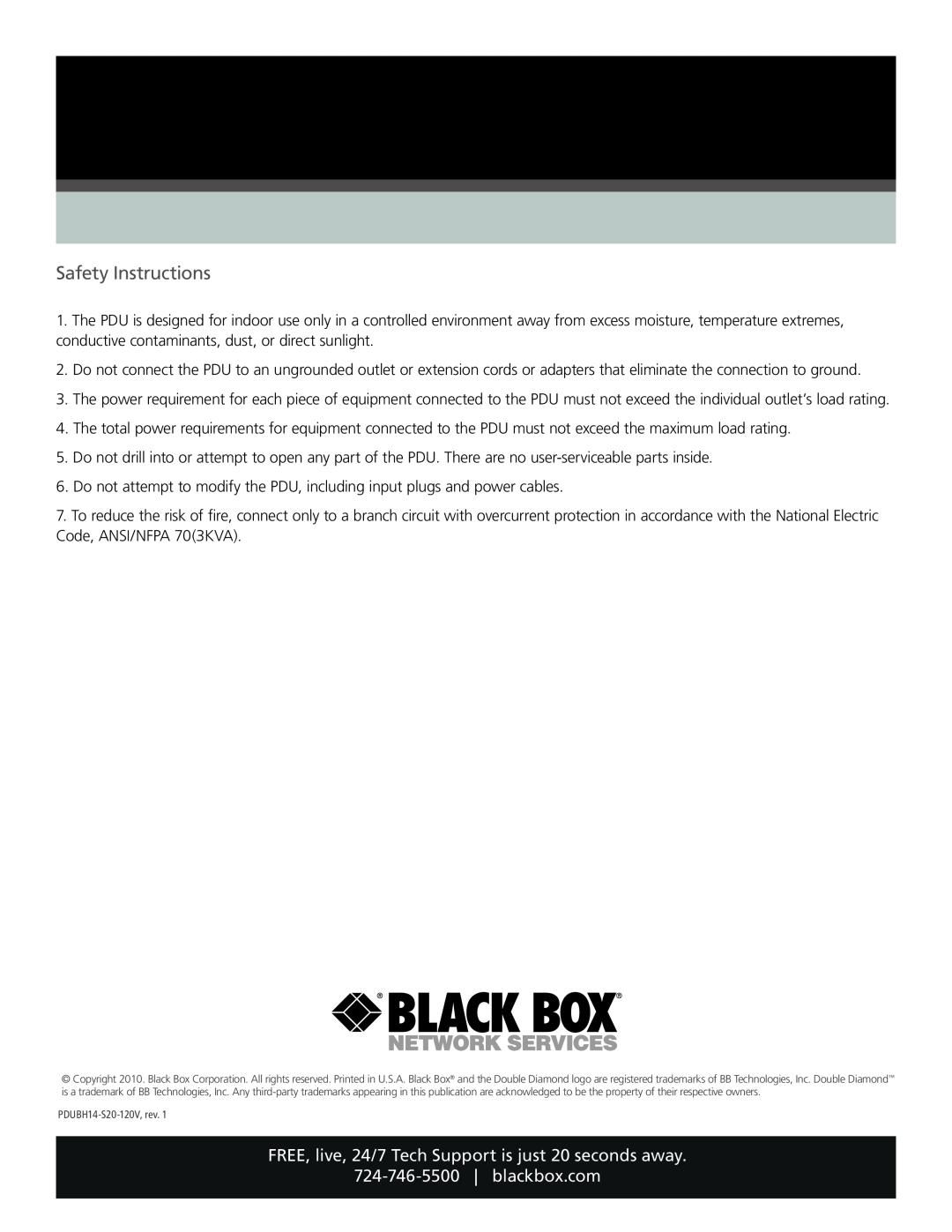 Black Box PDUBH14-S20-120V, 20-Amp Horizontal PDU, 14 Outlet (5-20R) specifications Safety Instructions, blackbox.com 