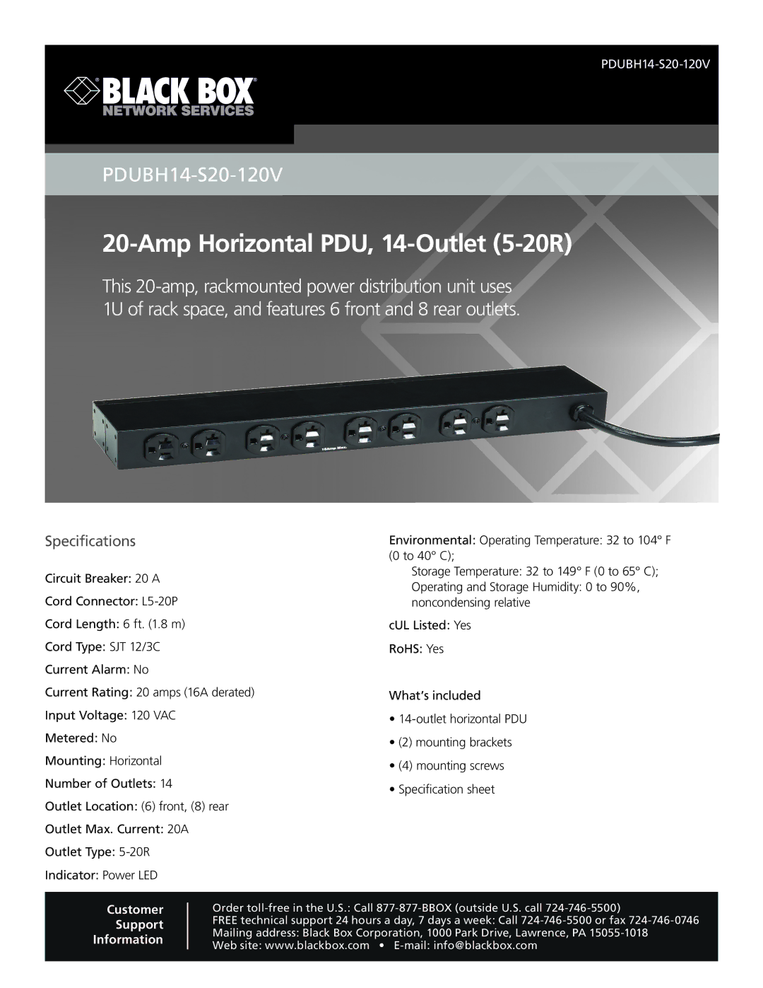 Black Box 20-Amp Horizontal PDU, 14 Outlet (5-20R) specifications Amp Horizontal PDU, 14-Outlet 5-20R, Specifications 