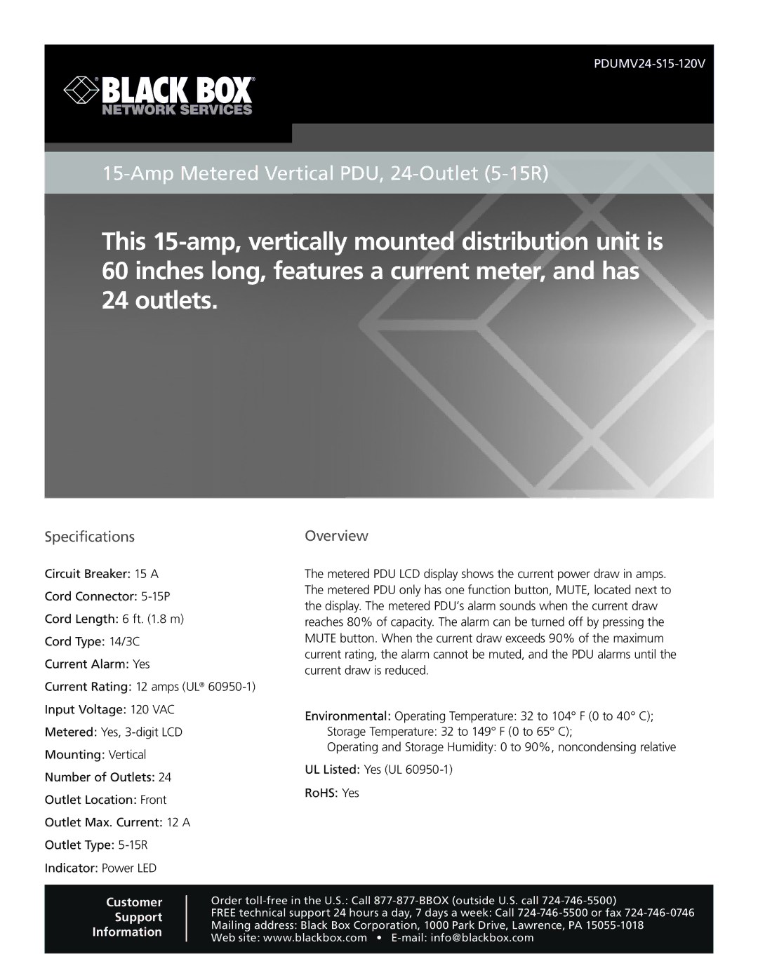 Black Box 15-amp metered vertical PDU, 24-outlet (5-15R), PDUMv24-515-120V specifications SpecificationsOverview 