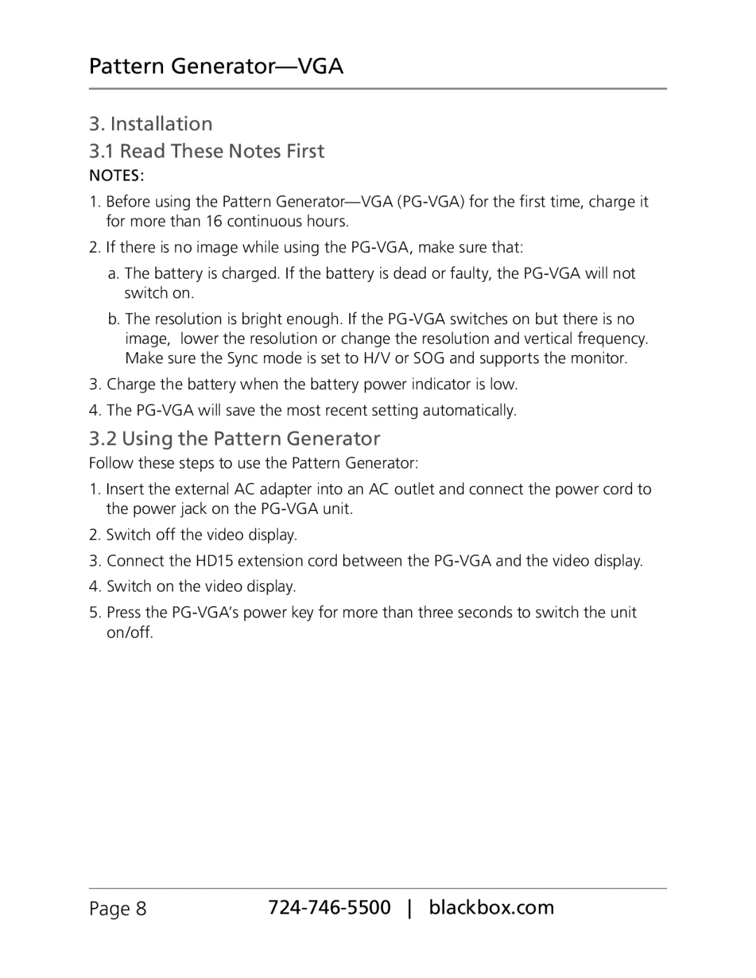 Black Box PG-VGA manual Installation 3.1 Read These Notes First, Using the Pattern Generator, Pattern Generator-VGA, Page 