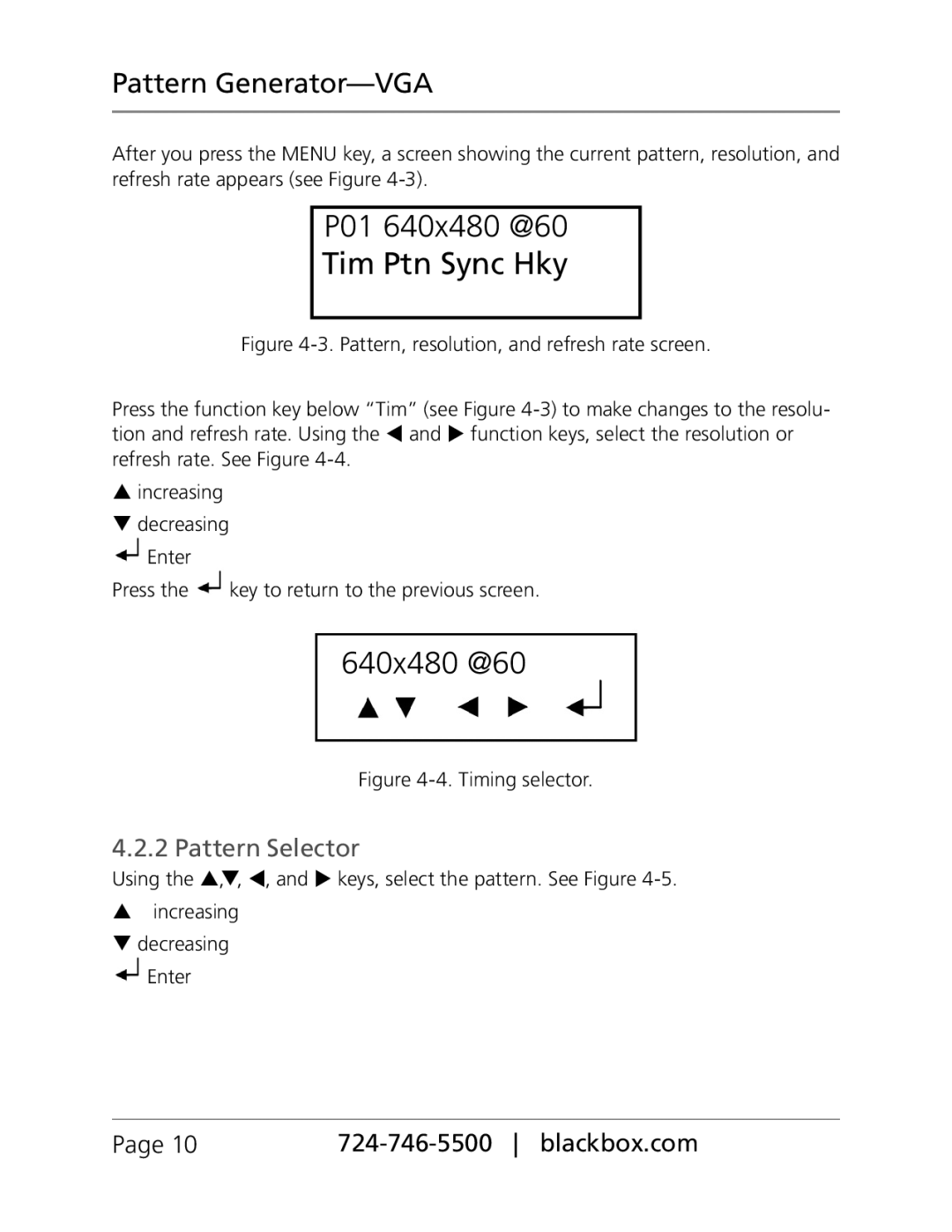 Black Box PG-VGA manual P01 640x480 @60 Tim Ptn Sync Hky, Pattern Selector, Pattern Generator-VGA, Page 