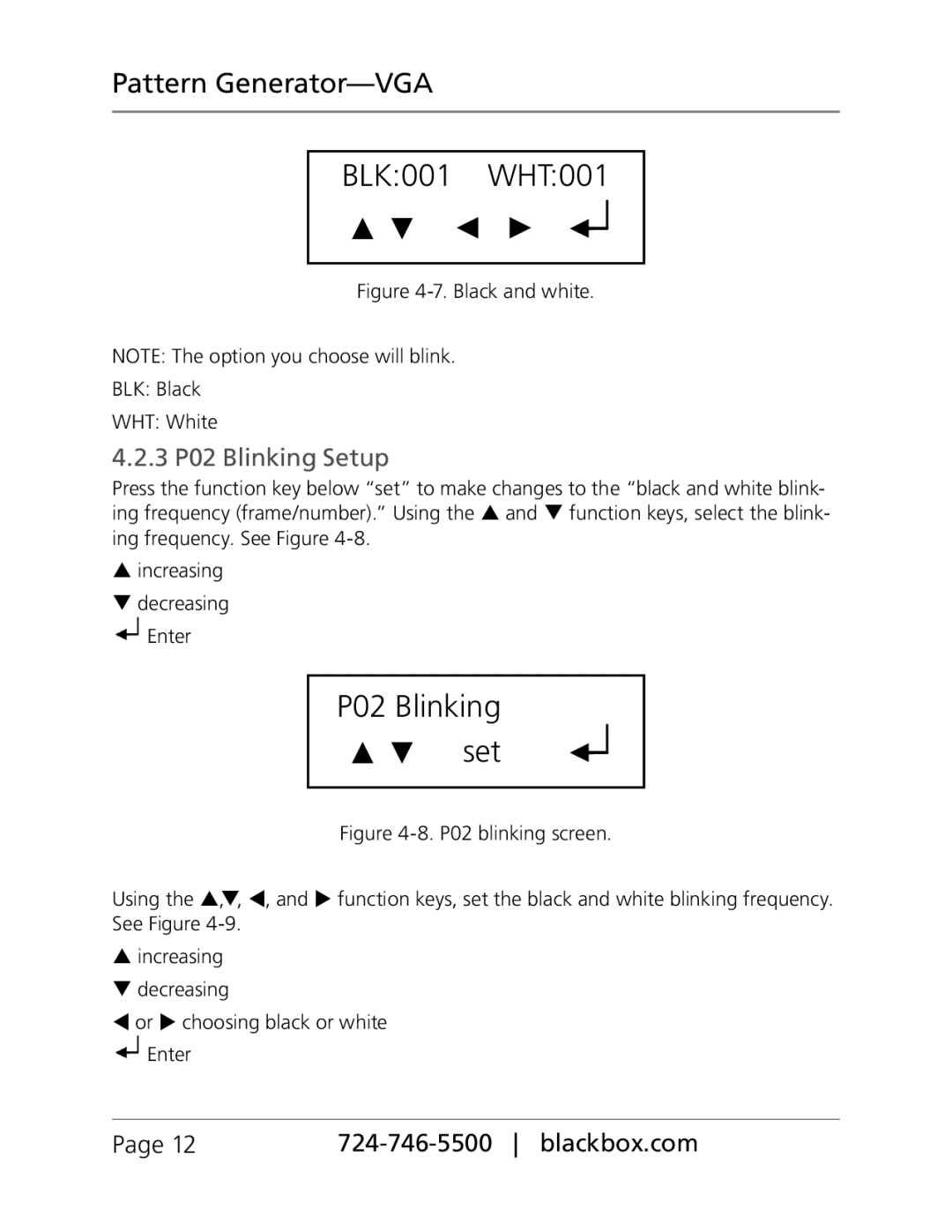 Black Box PG-VGA manual BLK001 WHT001, 4.2.3 P02 Blinking Setup, P02 Blinking set, Pattern Generator-VGA, Page 