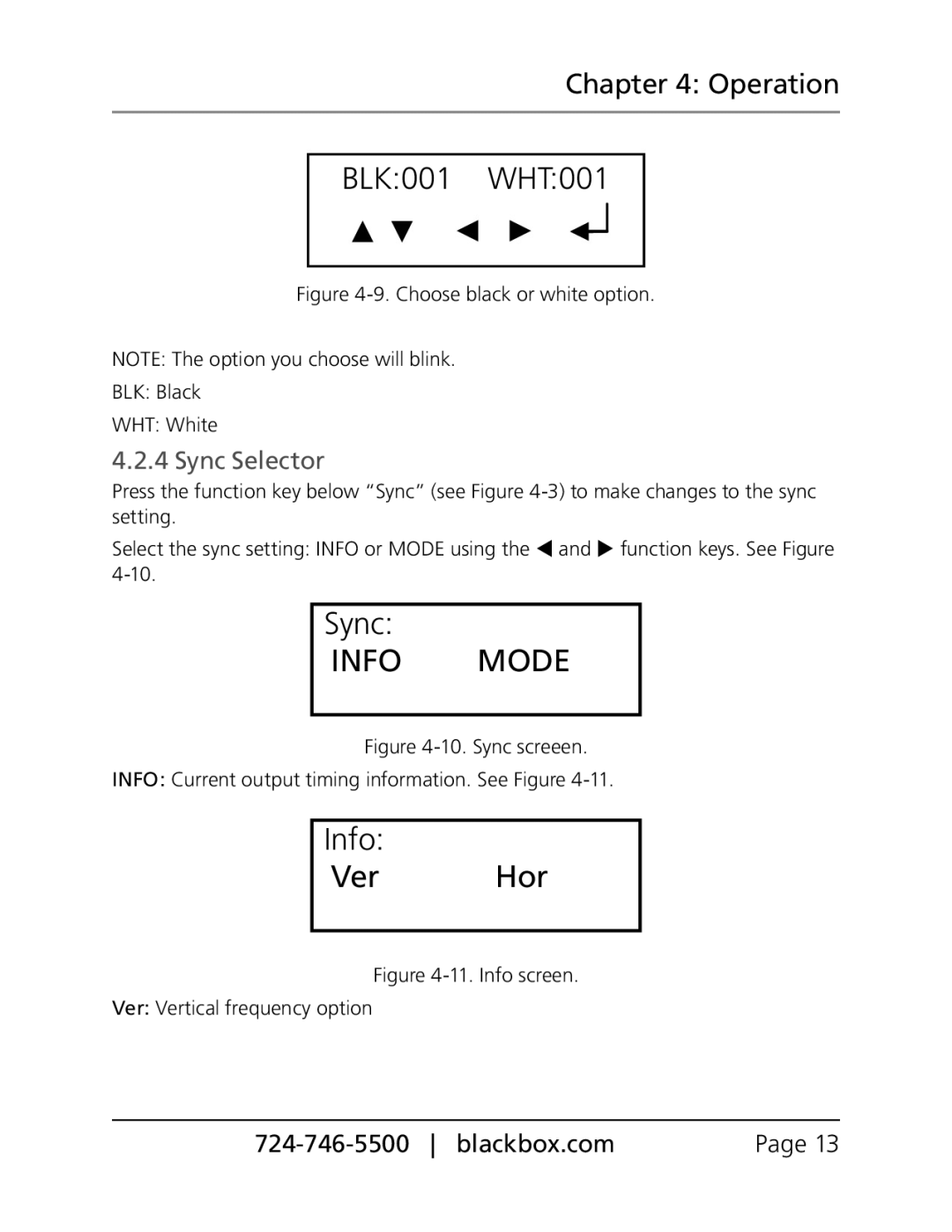 Black Box BLACK BOX Pattern GeneratorVGA, PG-VGA Sync INFO MODE, Info Ver Hor, Sync Selector, BLK001 WHT001, Operation 