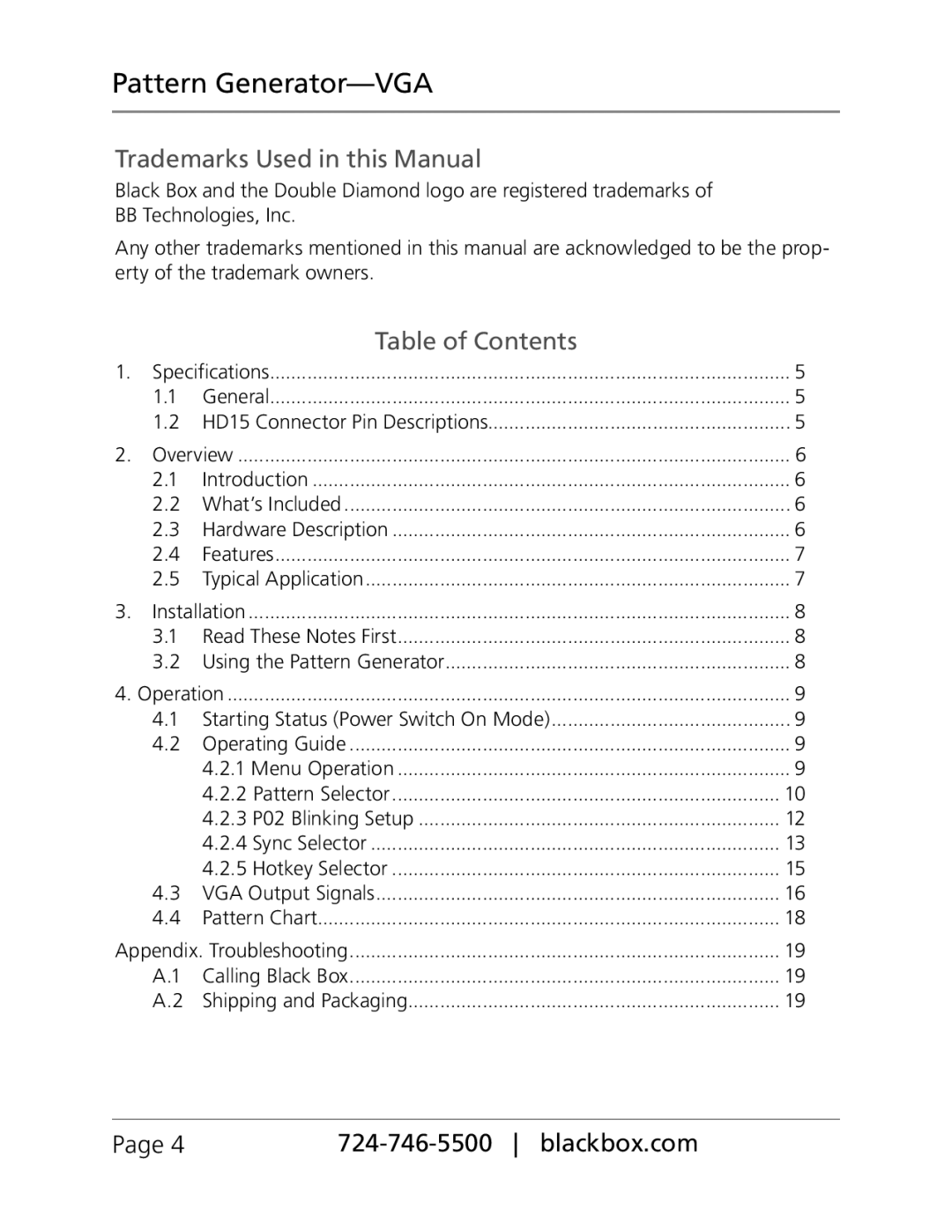 Black Box PG-VGA manual Trademarks Used in this Manual, Table of Contents, Pattern Generator-VGA, Page 