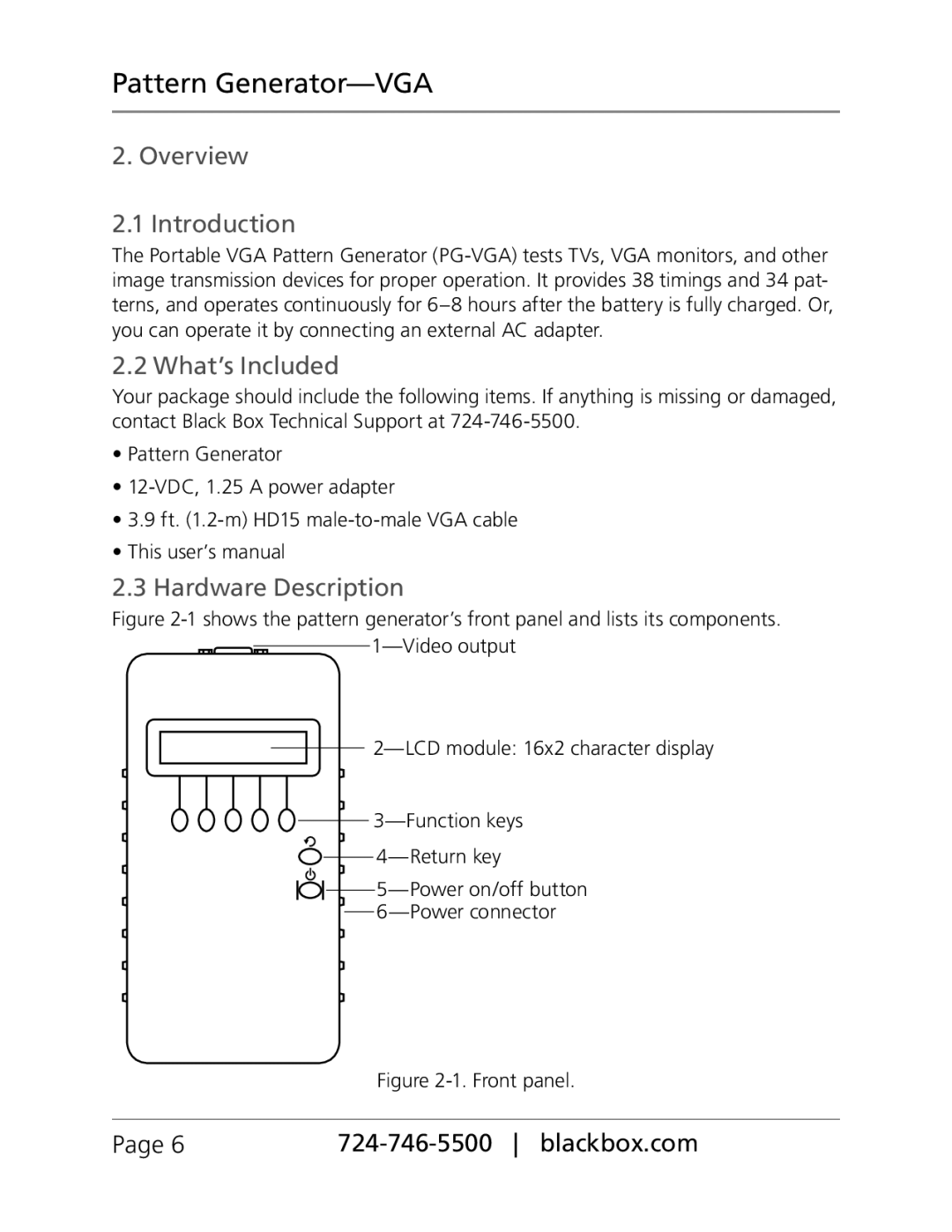 Black Box PG-VGA manual Overview 2.1 Introduction, What’s Included, Hardware Description, Pattern Generator-VGA, Page 