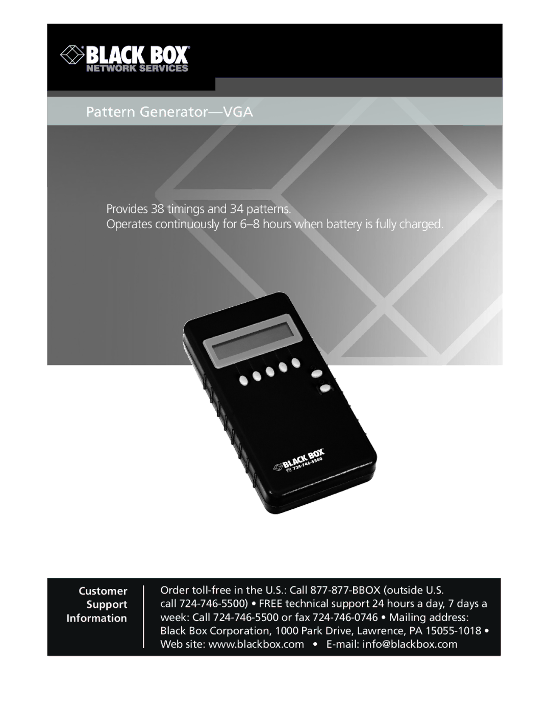 Black Box BLACK BOX Pattern GeneratorVGA, PG-VGA manual Pattern Generator-VGA 