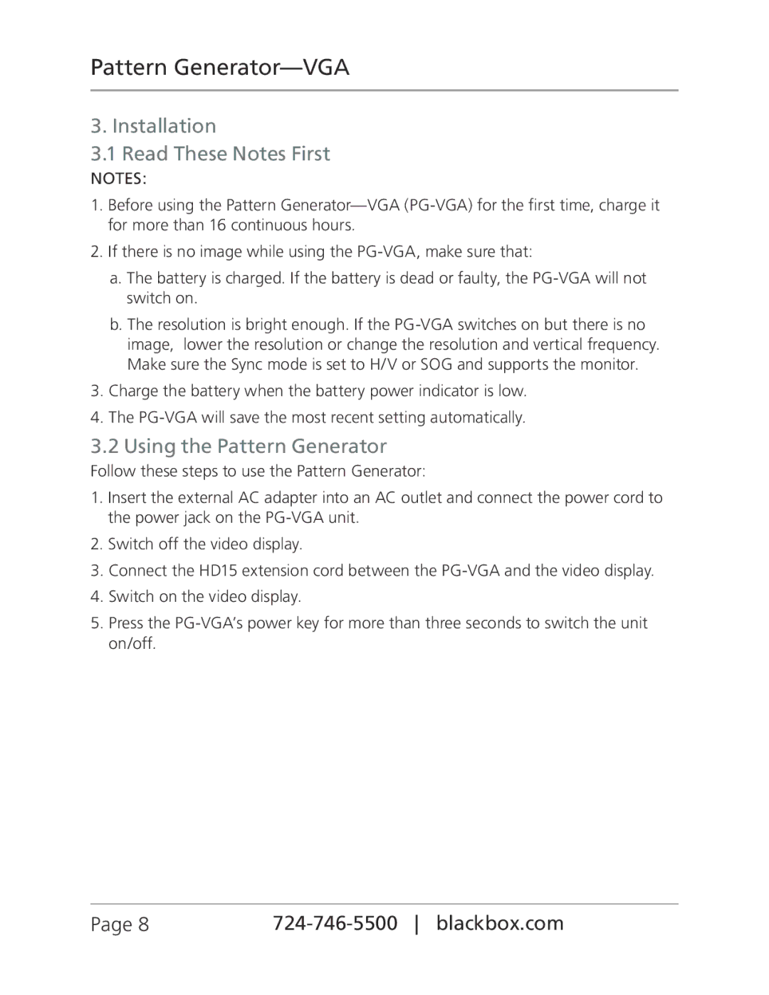 Black Box PG-VGA, BLACK BOX Pattern GeneratorVGA manual Installation Read These Notes First, Using the Pattern Generator 