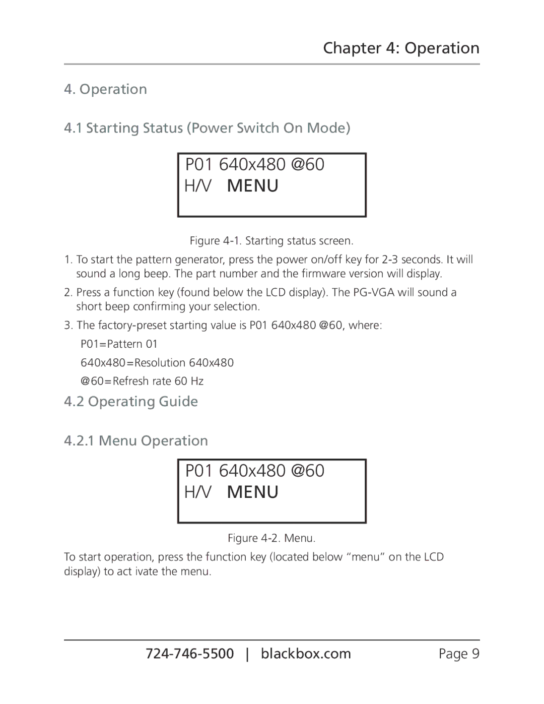 Black Box BLACK BOX Pattern GeneratorVGA, PG-VGA manual P01 640x480 @60, Operation Starting Status Power Switch On Mode 