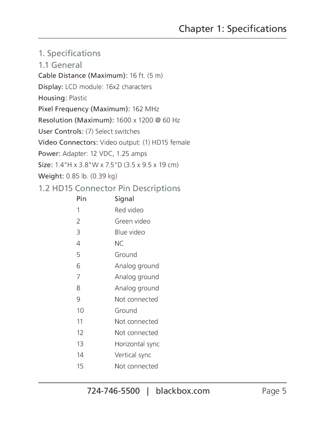 Black Box BLACK BOX Pattern GeneratorVGA, PG-VGA manual Specifications 1.1 General, HD15 Connector Pin Descriptions 