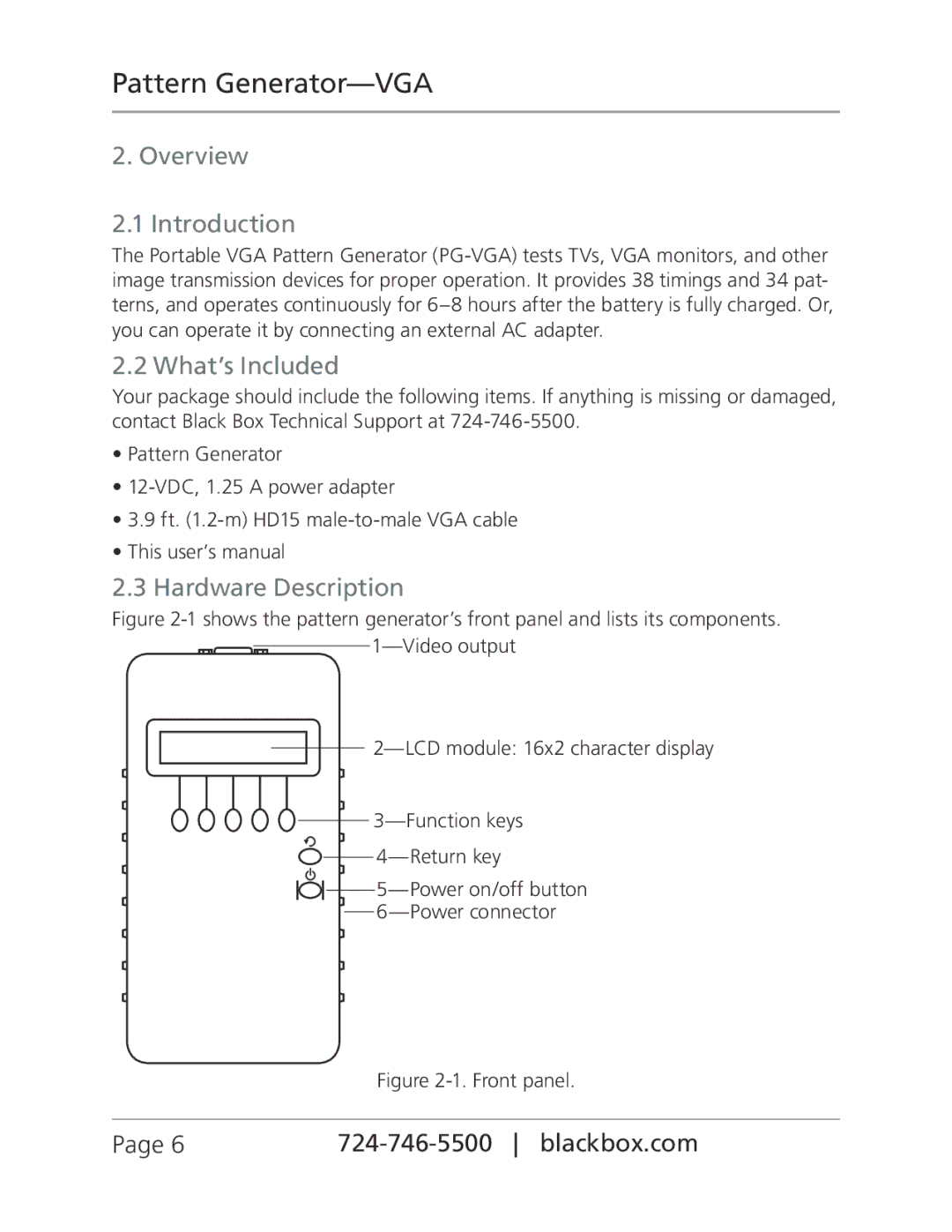 Black Box PG-VGA, BLACK BOX Pattern GeneratorVGA manual Overview Introduction, What’s Included, Hardware Description 