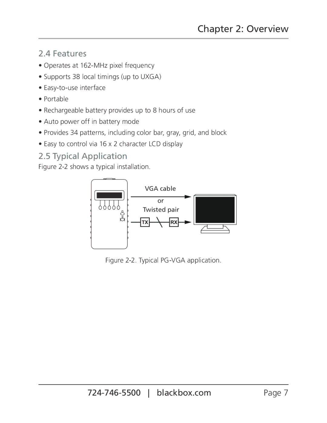 Black Box BLACK BOX Pattern GeneratorVGA, PG-VGA manual Overview, Features, Typical Application 