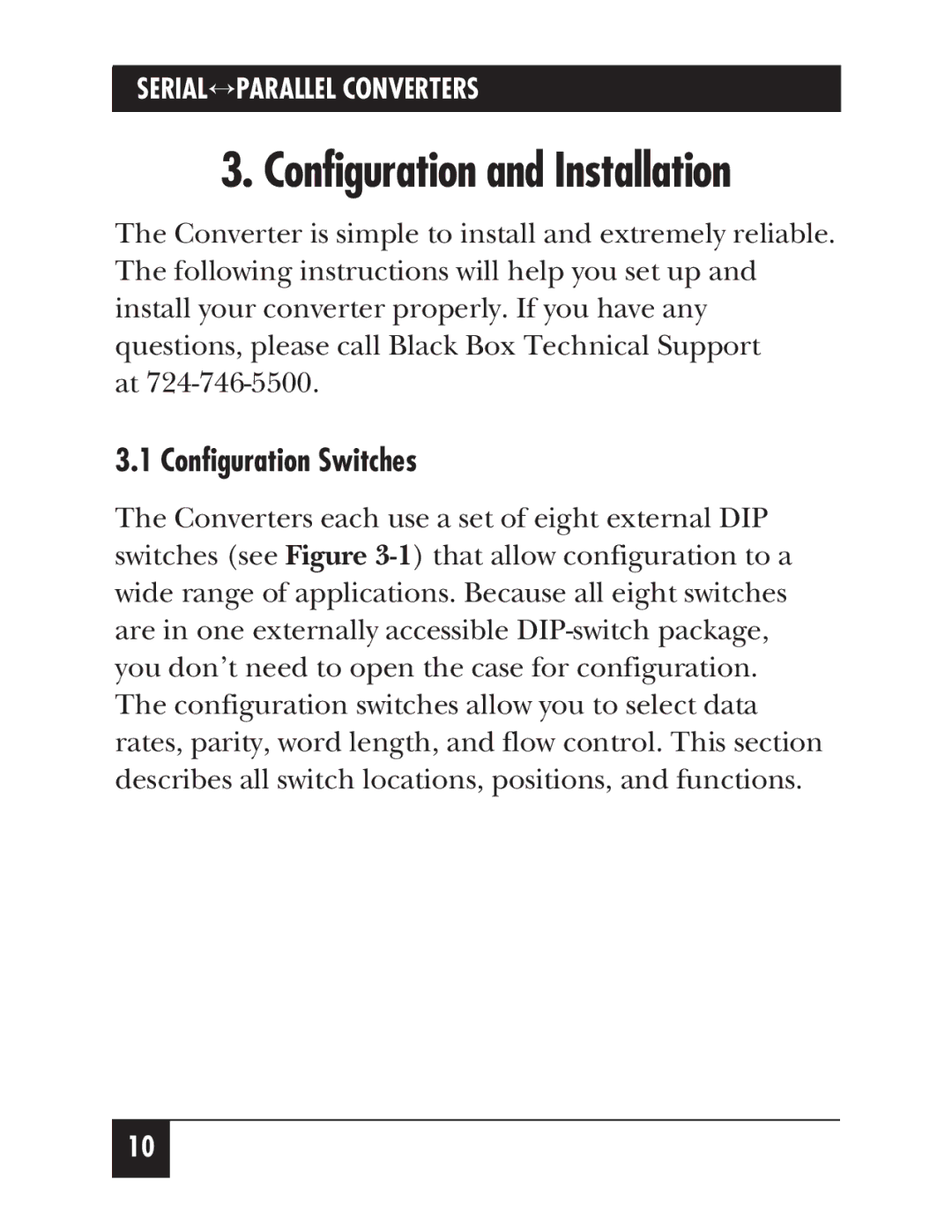 Black Box PI126A, PI125A-R2 manual Configuration and Installation, Configuration Switches 