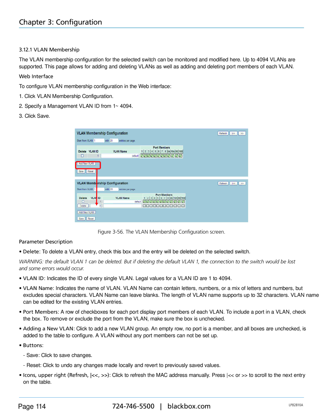 Black Box LPB2848A, LPB2826A, LPB2810A, PoE+ Gigabit Managed Switch Eco user manual Vlan Membership 