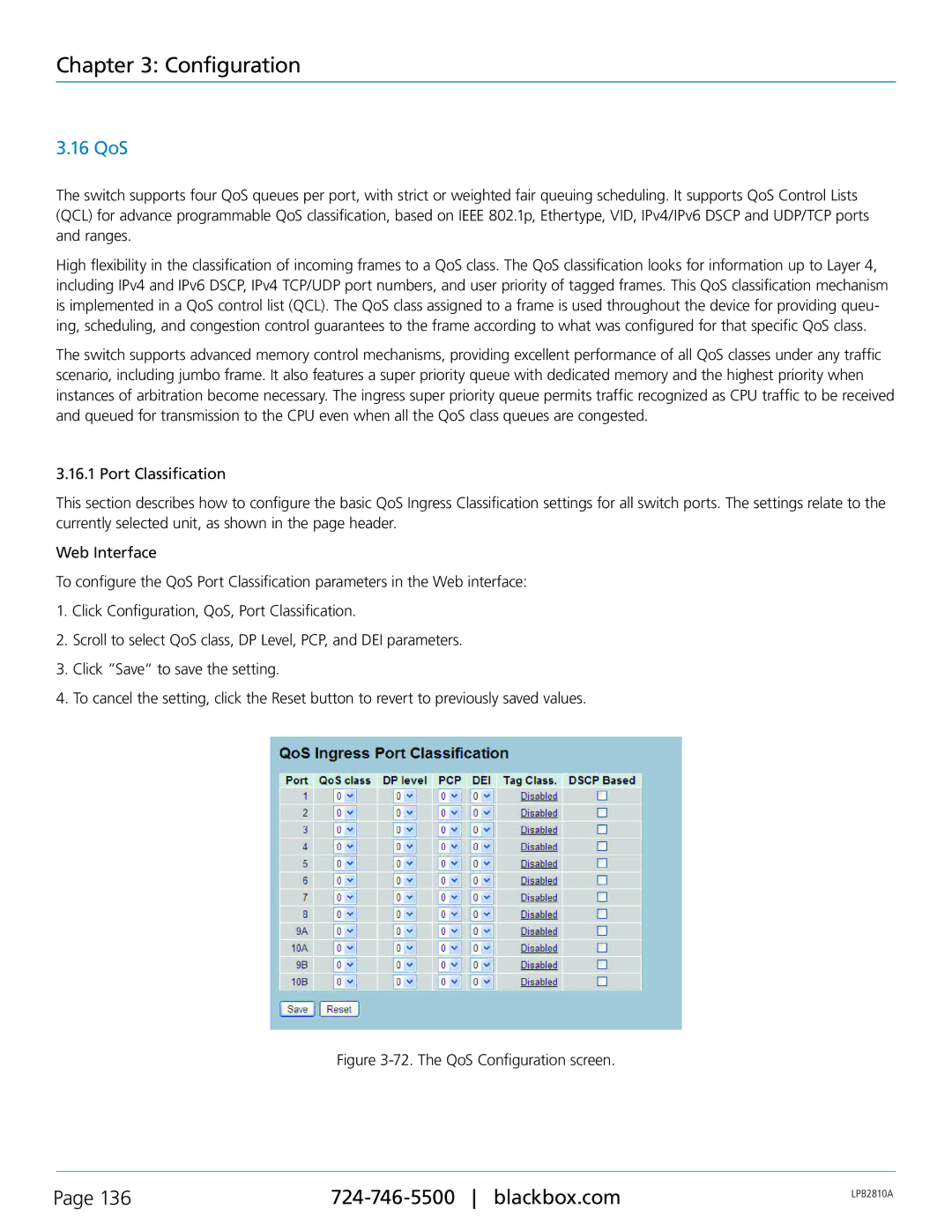 Black Box LPB2826A, LPB2810A, LPB2848A, PoE+ Gigabit Managed Switch Eco user manual 16 QoS, The QoS Configuration screen 