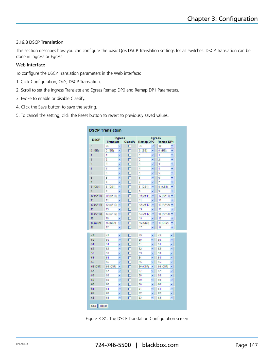 Black Box PoE+ Gigabit Managed Switch Eco, LPB2826A, LPB2810A, LPB2848A user manual The Dscp Translation Configuration screen 