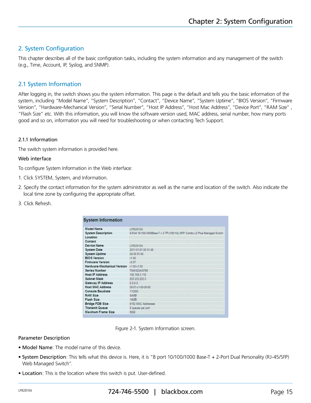 Black Box PoE+ Gigabit Managed Switch Eco, LPB2826A, LPB2810A, LPB2848A user manual System Configuration, System Information 