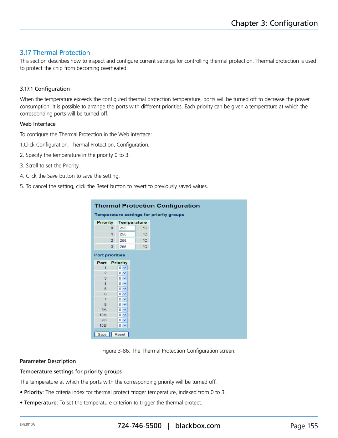 Black Box PoE+ Gigabit Managed Switch Eco, LPB2826A, LPB2810A, LPB2848A user manual Thermal Protection 